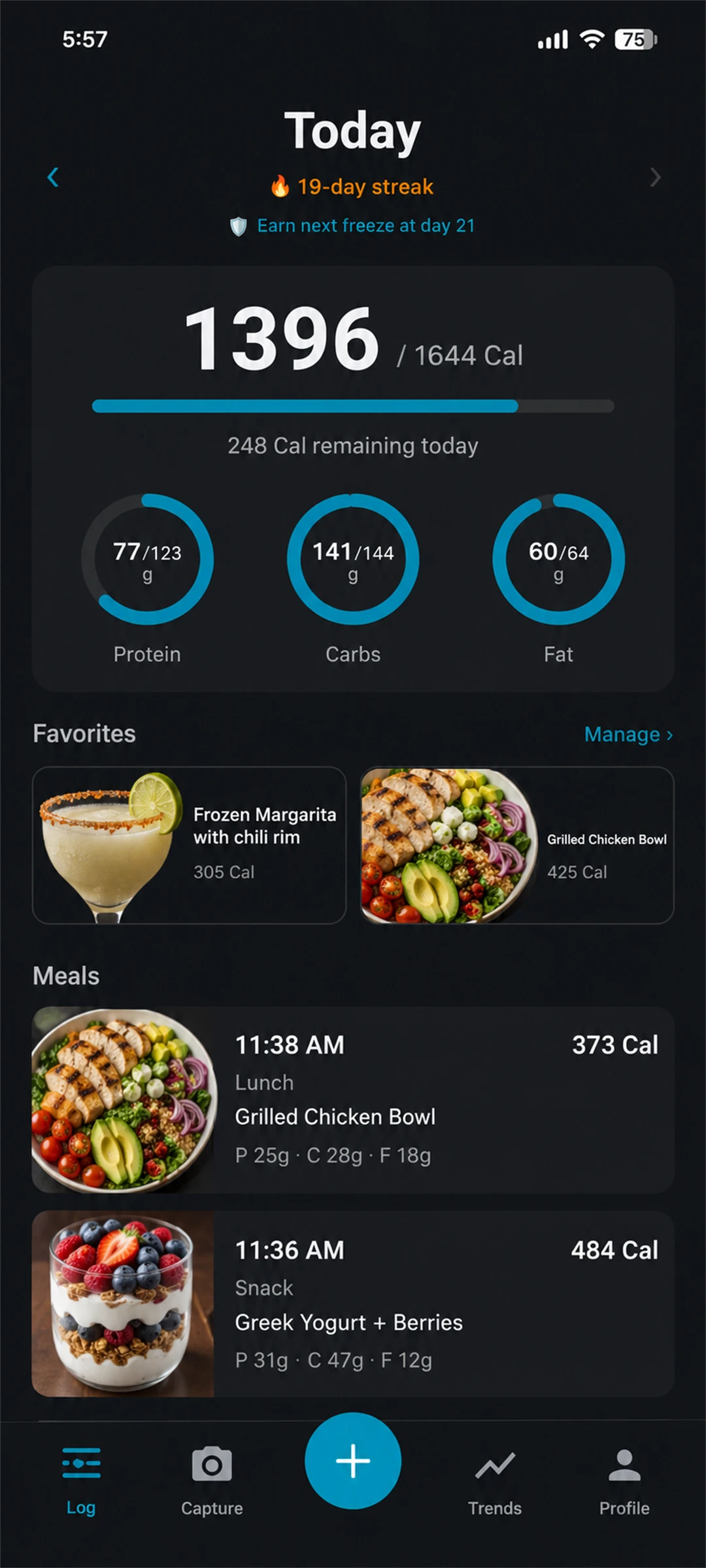 Log tab — daily macro rings, streak, favorites, and recent meals