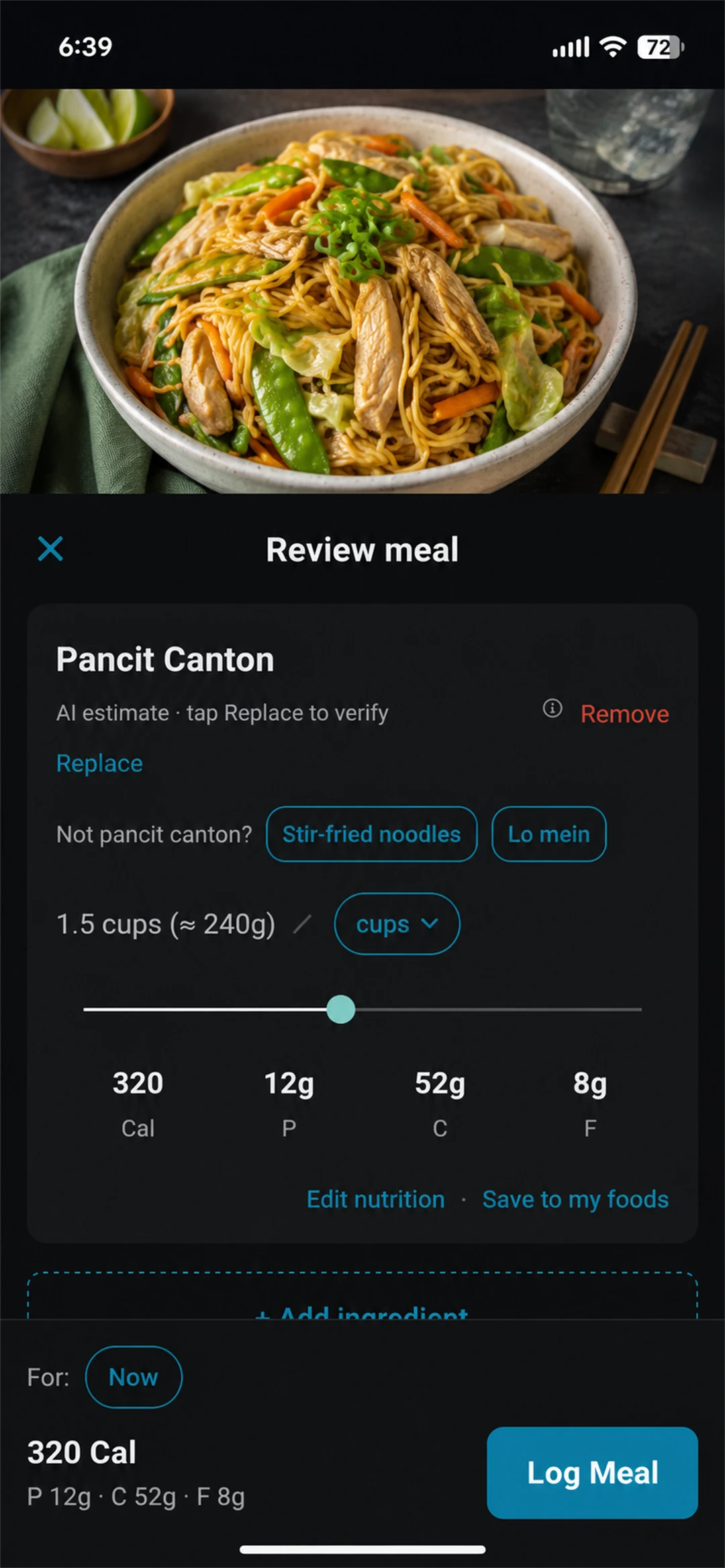 Review screen mid-correction with alternate food chips and source toggle