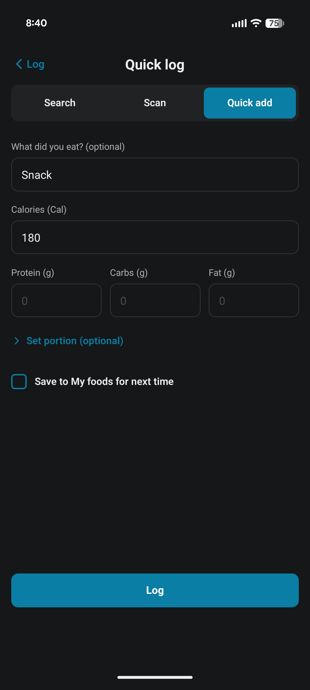 Quick add — calories-only fast path